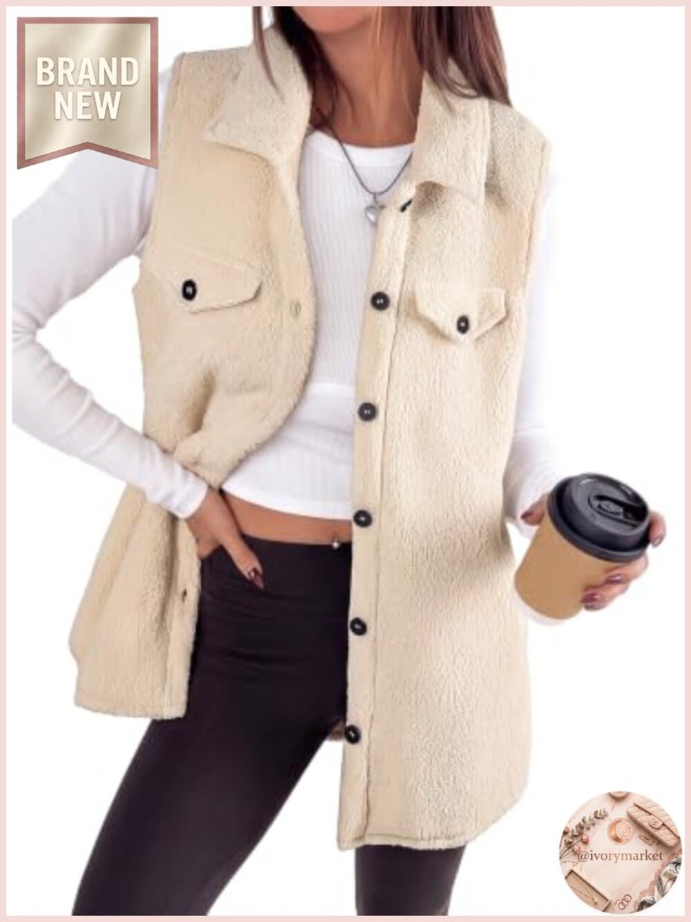 Womens Sleeveless Sherpa Fleece Button Down Long Vest Jacket